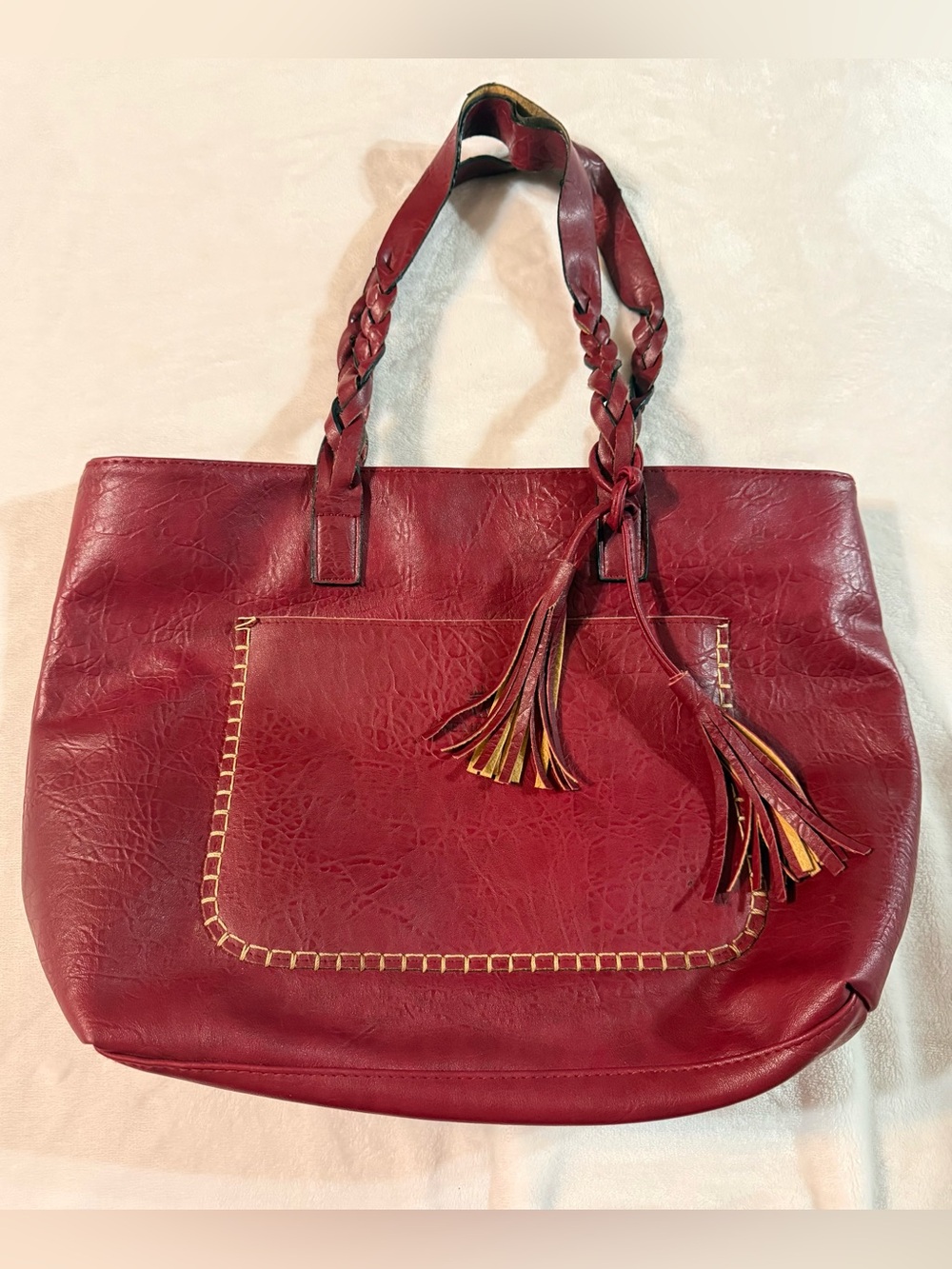 Vintage-Inspired Red Leather Tote Bag with Tassel Accent